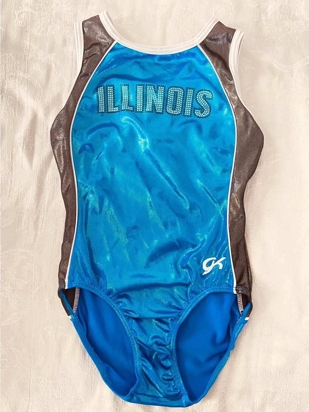 GK Gymnastics Leotard AS Adult Small “Illinois” Teal Black Foil